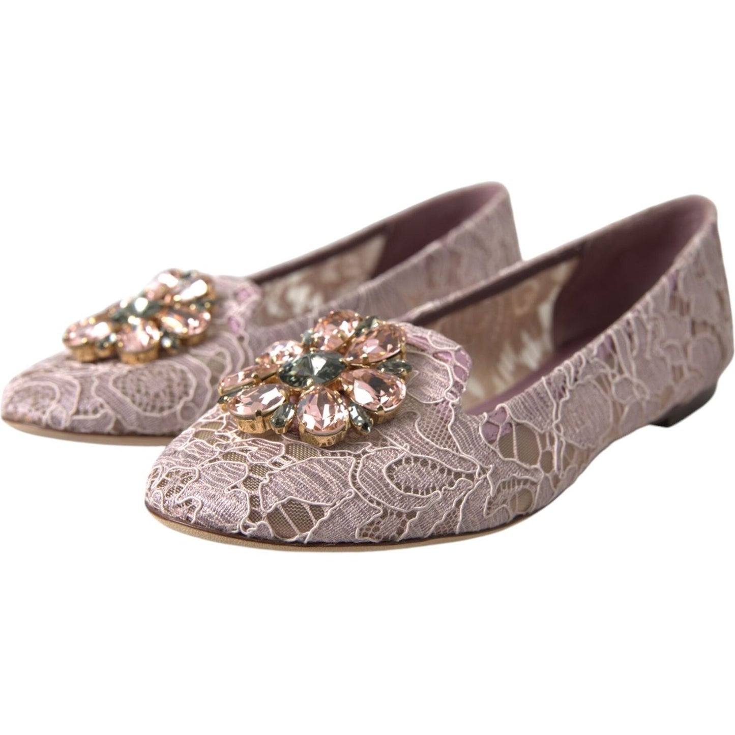 Dolce & Gabbana Pink Lace Crystal Ballet Flats Loafers Shoes Dolce & Gabbana