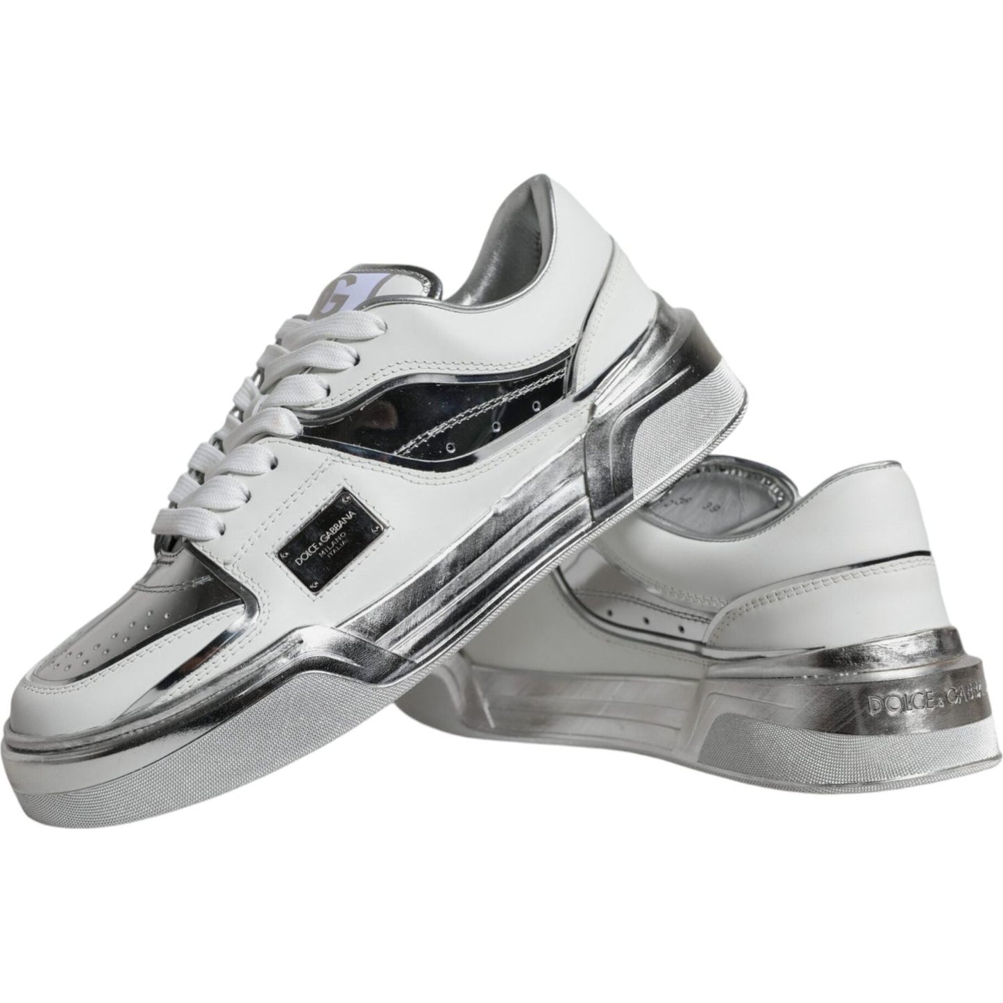 Dolce & Gabbana White Silver Leather Low Top Sneakers Shoes Dolce & Gabbana Gray
