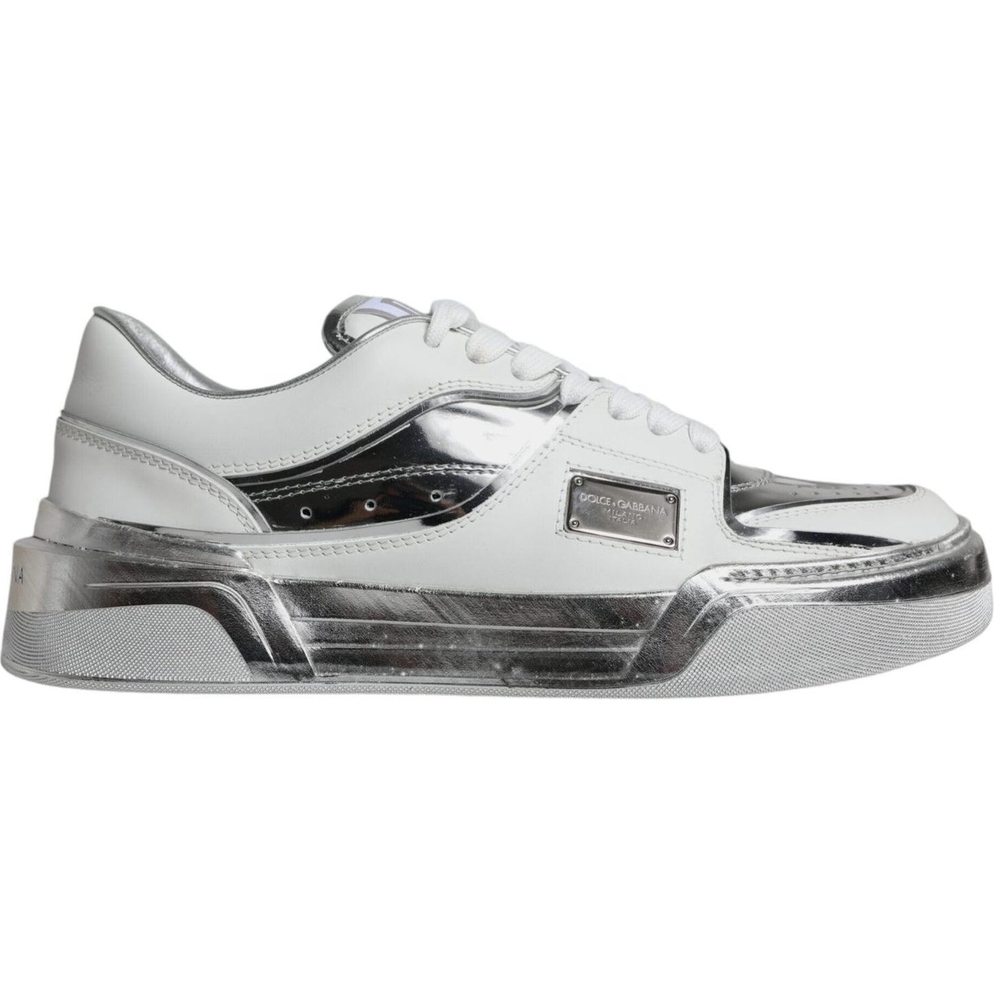 Dolce & Gabbana White Silver Leather Low Top Sneakers Shoes Dolce & Gabbana Gray