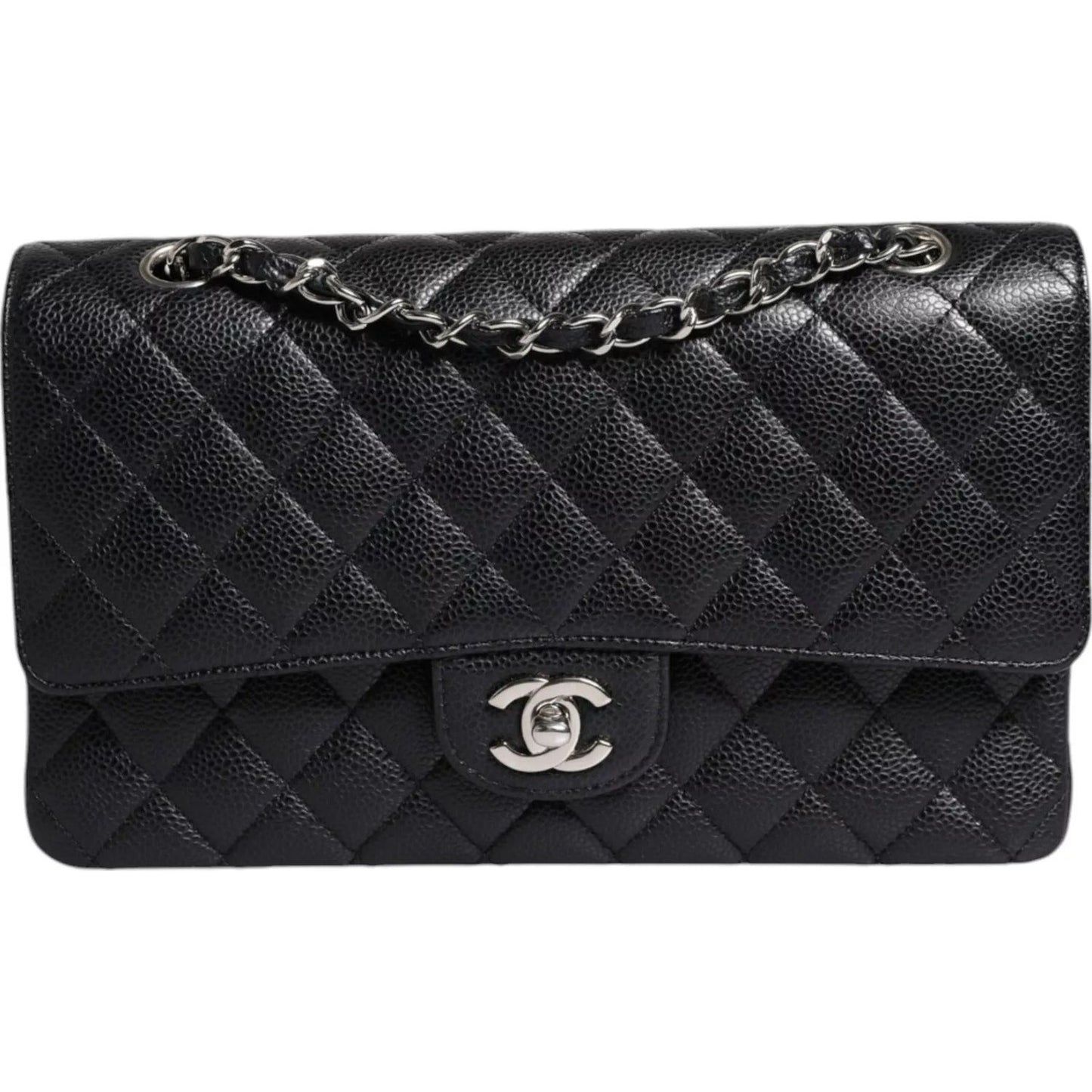 Chanel Black Caviar Medium Classic Double Flap Shoulder Quilted Silver Bag Chanel