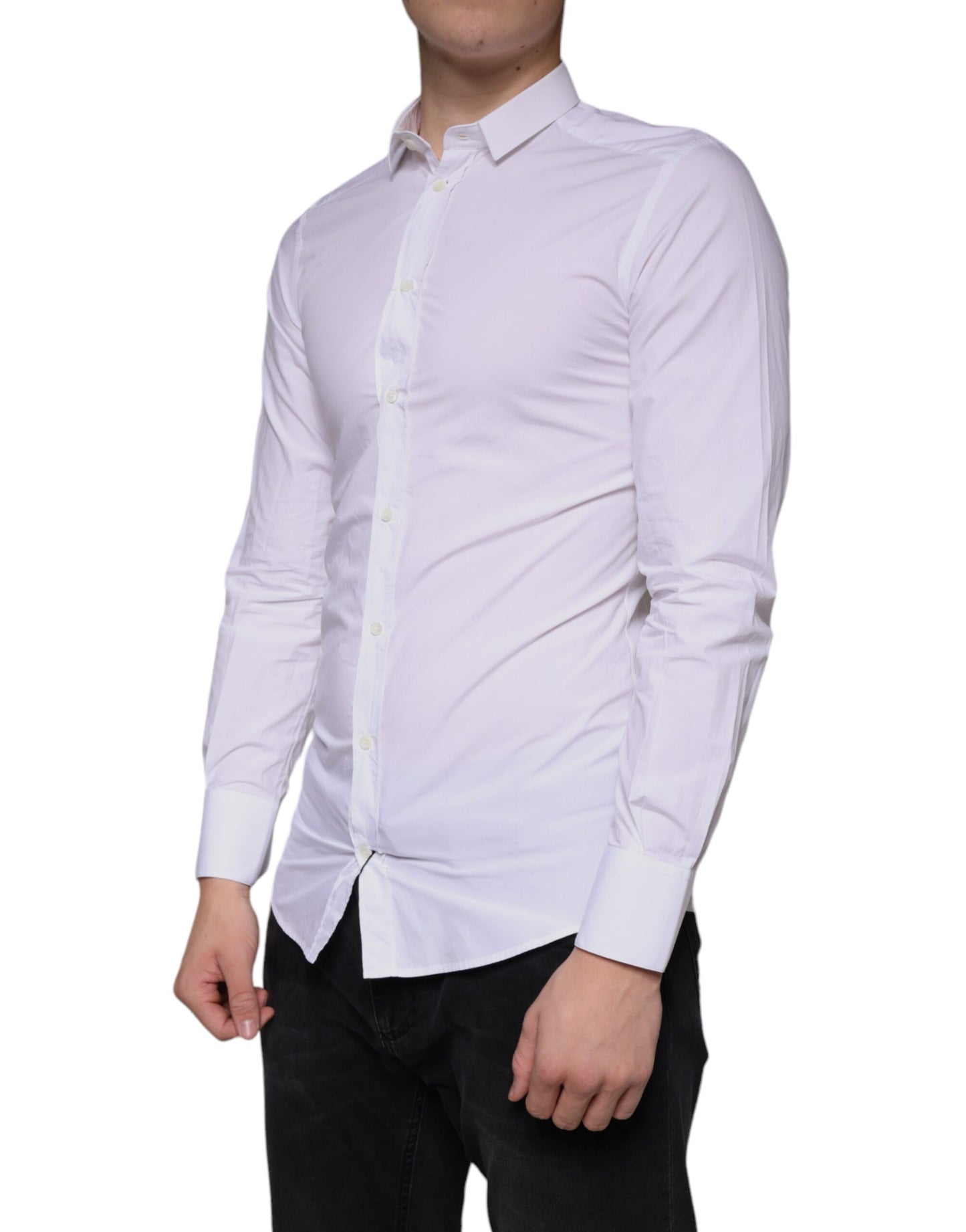 Dolce & Gabbana White Cotton Dress GOLD Formal Collared Shirt Dolce & Gabbana