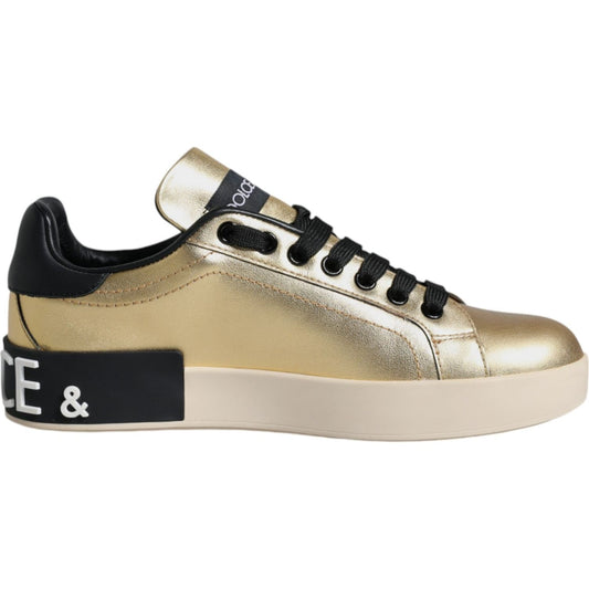 Dolce & Gabbana Gold Portofino Calf Leather Sneakers Shoes