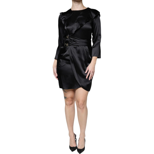 Emporio Armani Black Satin Long Sleeves Wrap Sheath Mini Dress