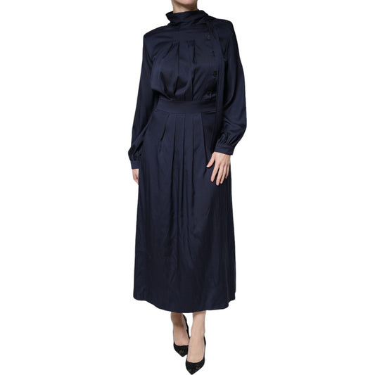 Ballantyne Dark Blue Long Sleeves Pleated A-line Maxi Dress