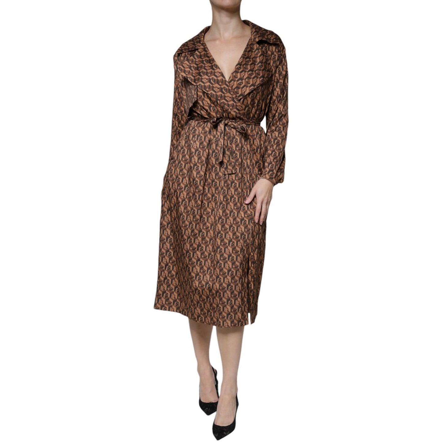 Ballantyne Brown Printed Long Sleeves V-neck Wrap Midi Dress Ballantyne
