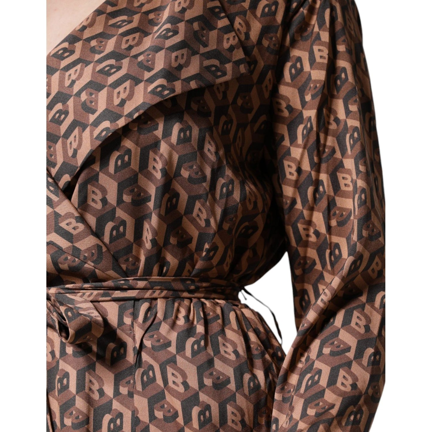 Ballantyne Brown Printed Long Sleeves V-neck Wrap Midi Dress Ballantyne