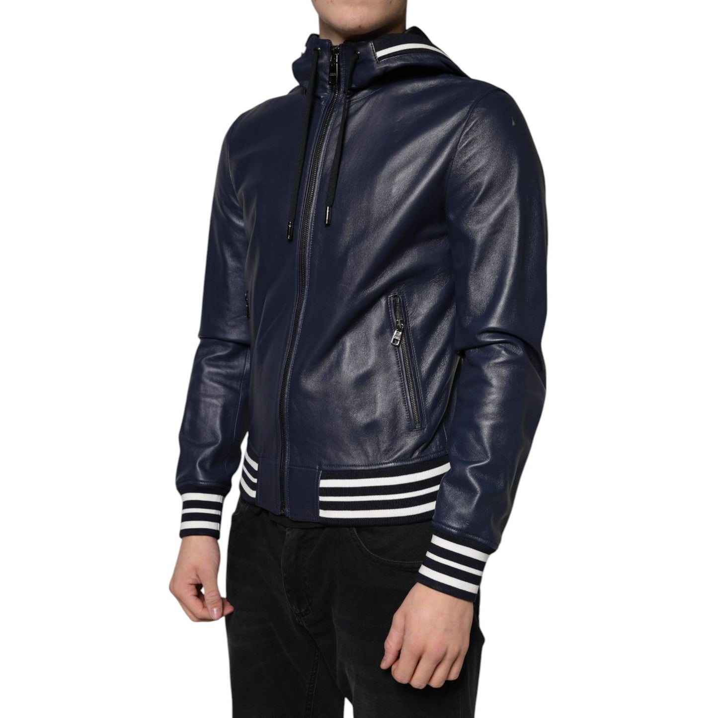 Dolce & Gabbana Blue Leather Full Zip Hooded Bomber Jacket Dolce & Gabbana