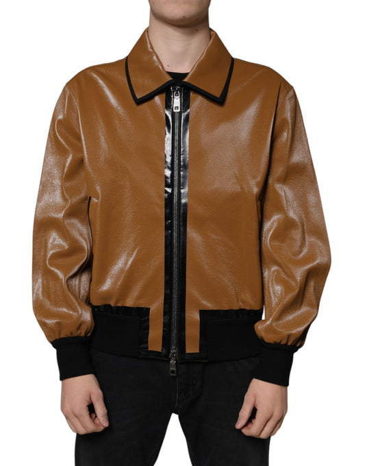 Dolce & Gabbana Brown Leather Full Zip Men Bomber Jacket Dolce & Gabbana