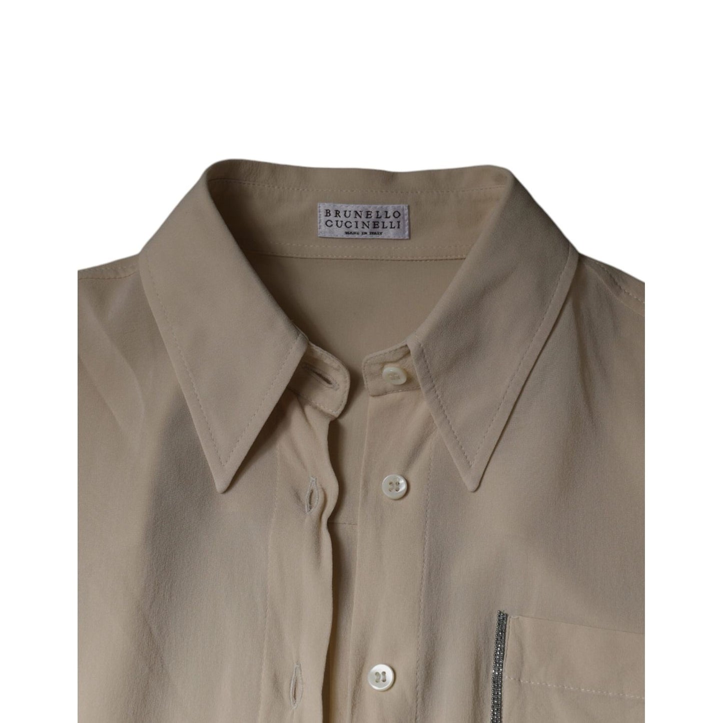 Brunello Cucinelli Beige Silk Blend Collared Button Down Top