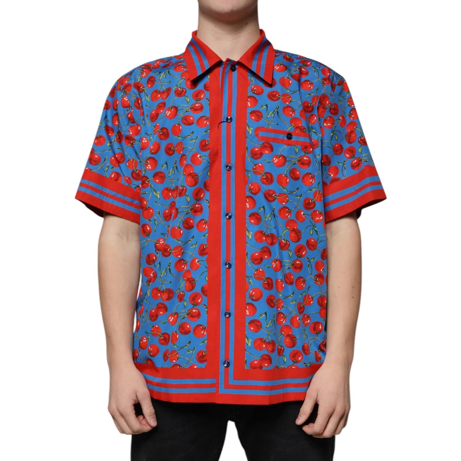 Dolce & Gabbana Blue Cherry Cotton Button Down Casual Shirt