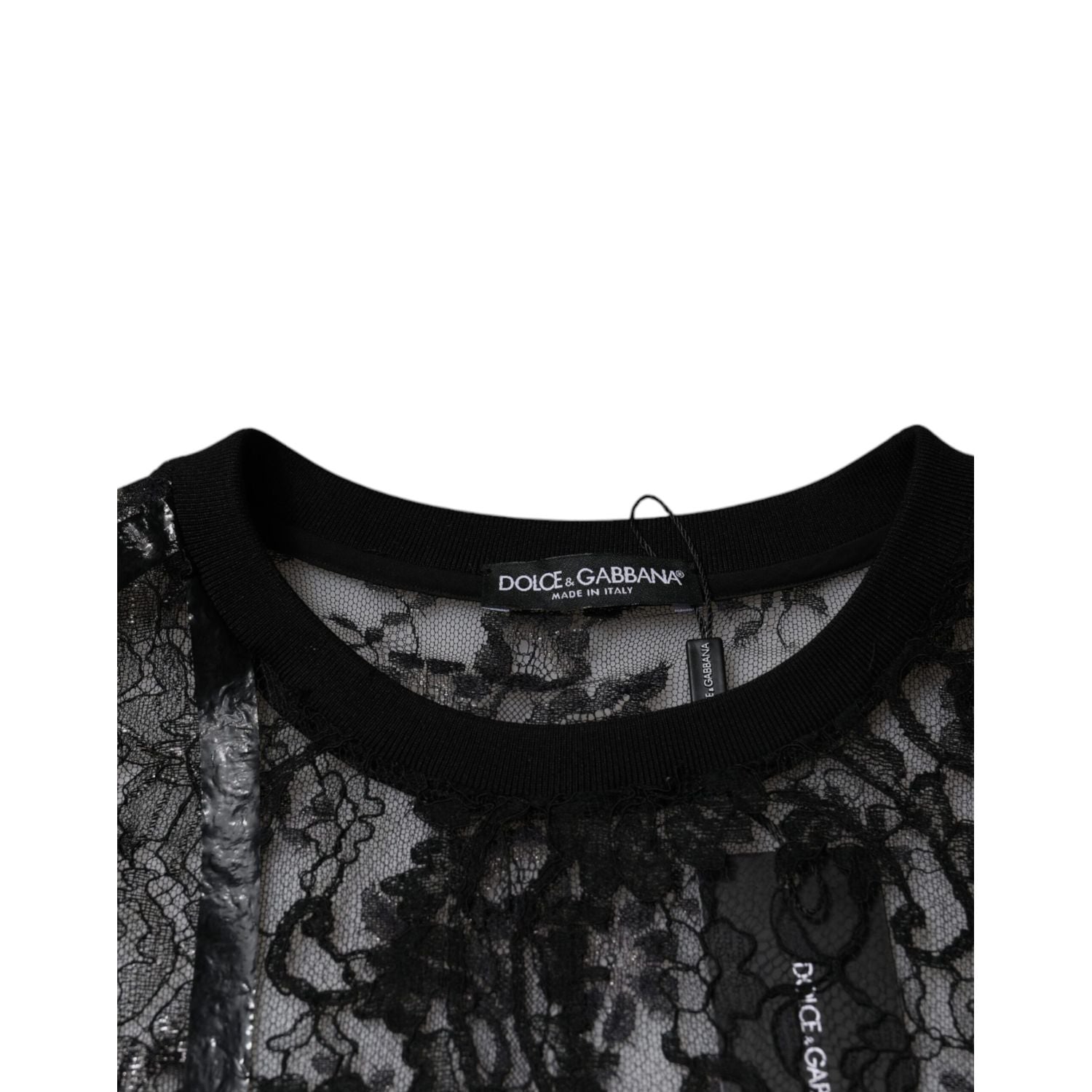 Dolce & Gabbana Black Nylon Floral Lace Crew Neck T-shirt
