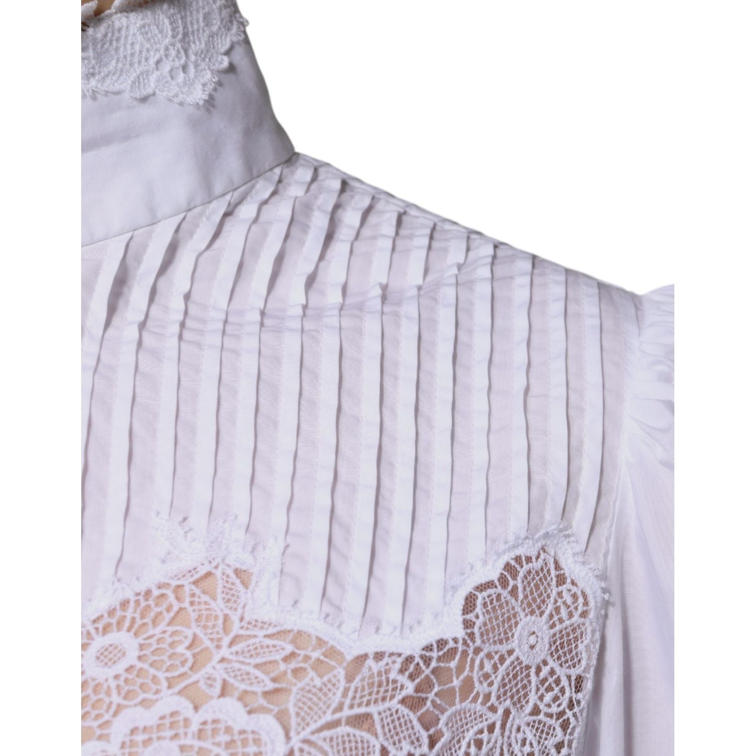 Dolce & Gabbana White Cotton Lace Trim Turtleneck Blouse Top