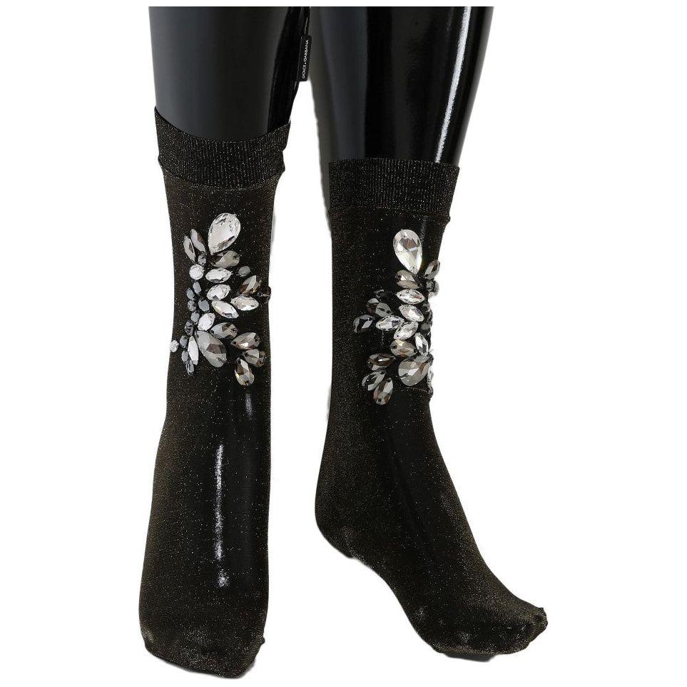 Dolce & Gabbana Black Stretch Floral Clear Crystal Socks