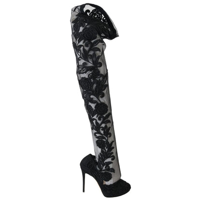 Dolce & Gabbana Black Floral Embroidered Socks Boots