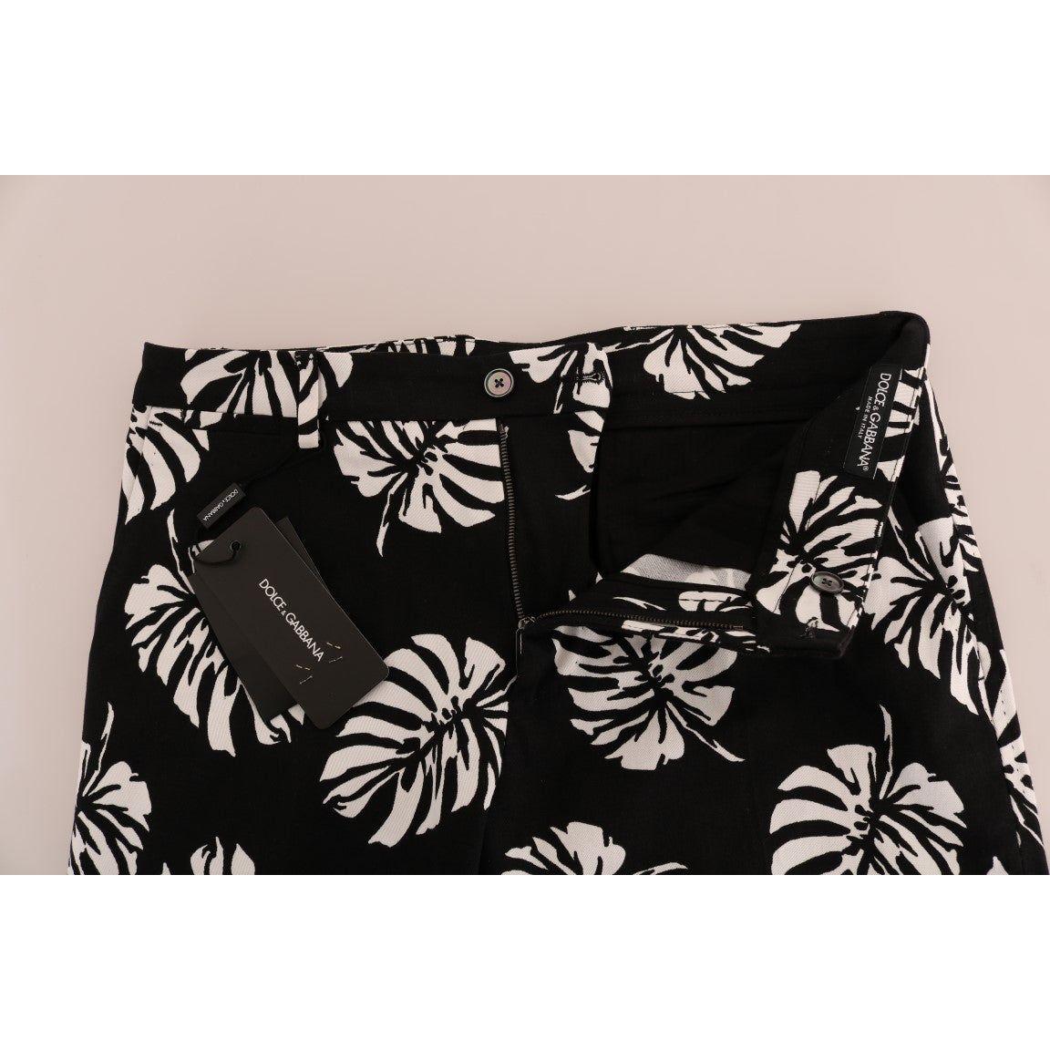 Dolce & Gabbana White Black Leaf Cotton Stretch Slim Pants