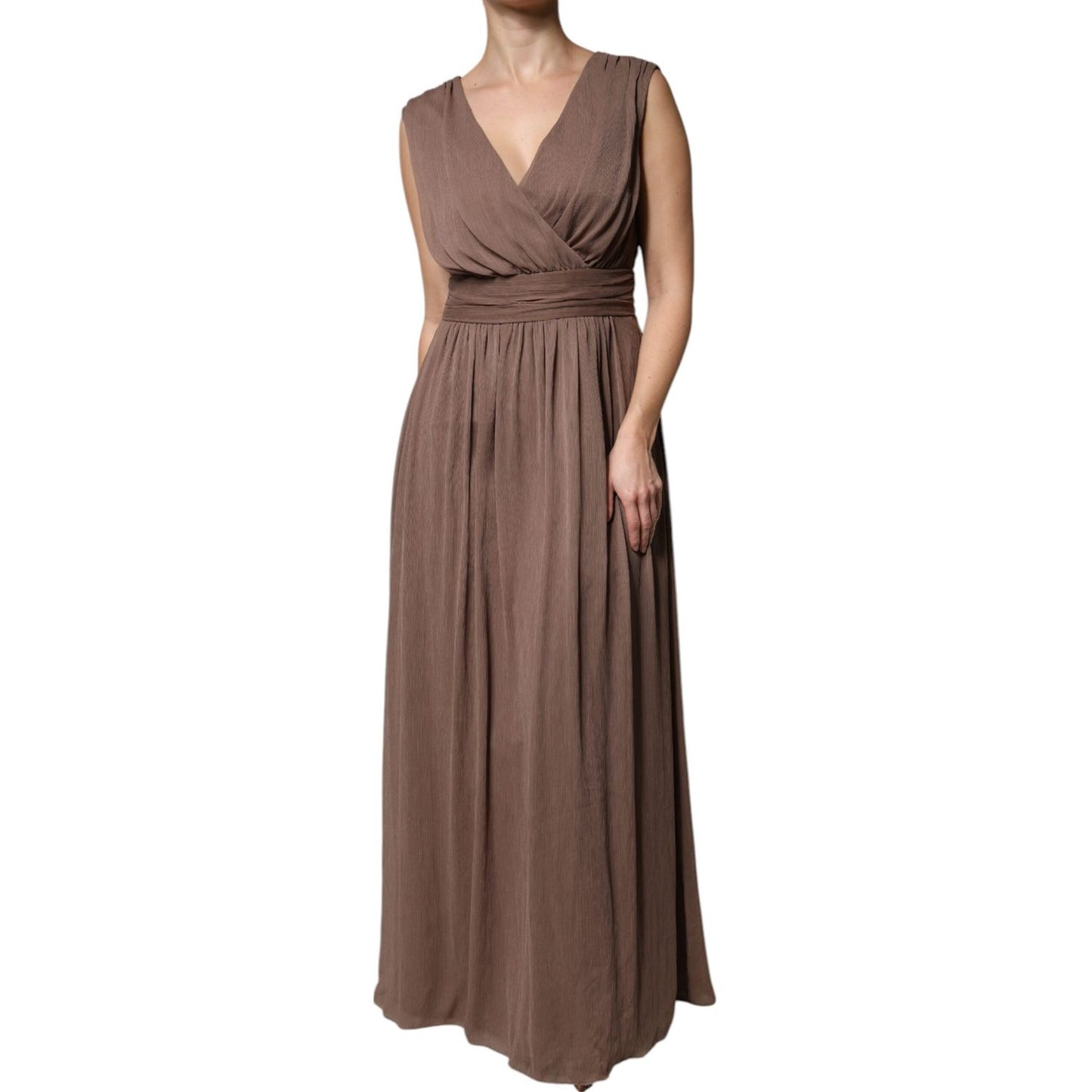 Peserico Brown Sleeveless Deep V-neck A-line Long Maxi Dress Peserico