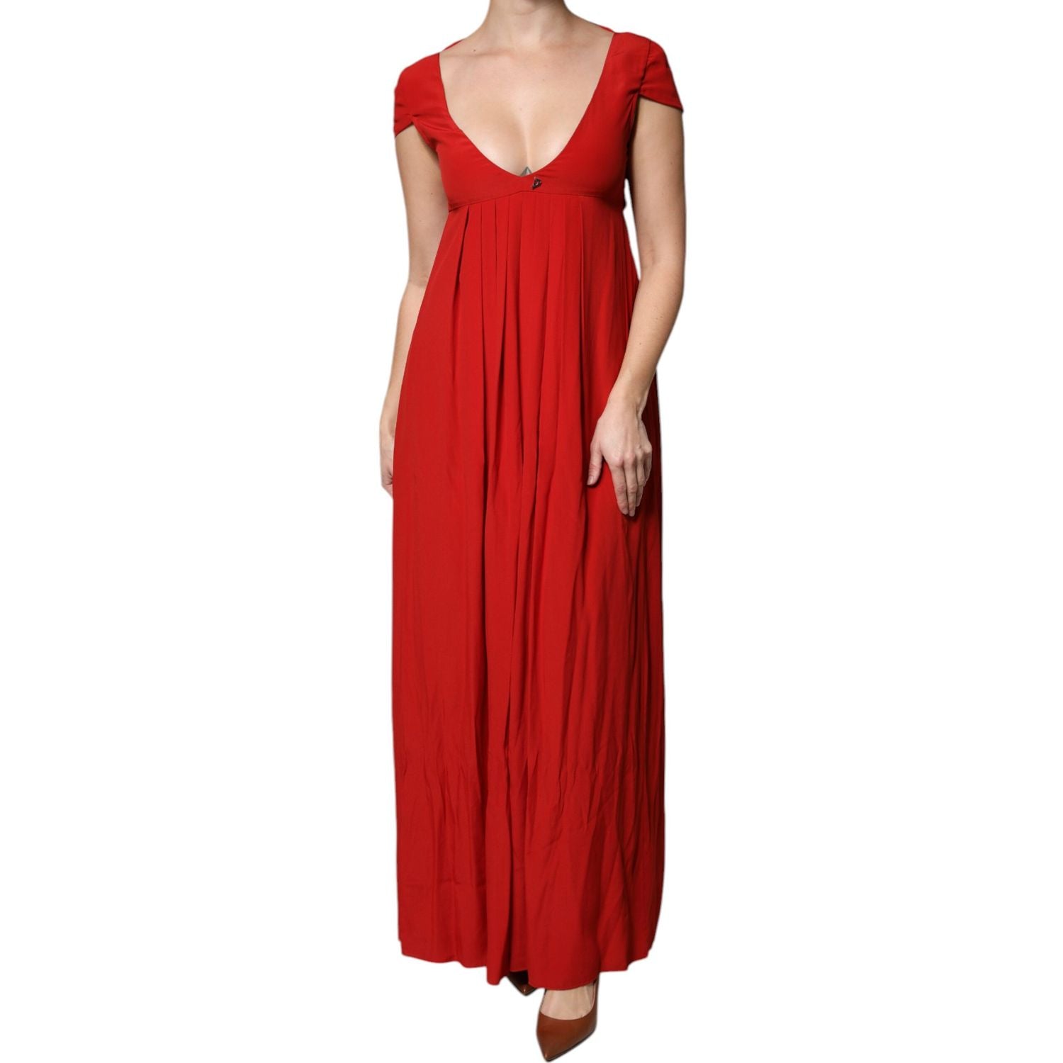 Dondup Red Acetate Short Sleeves Plunging Neckline Maxi Dress