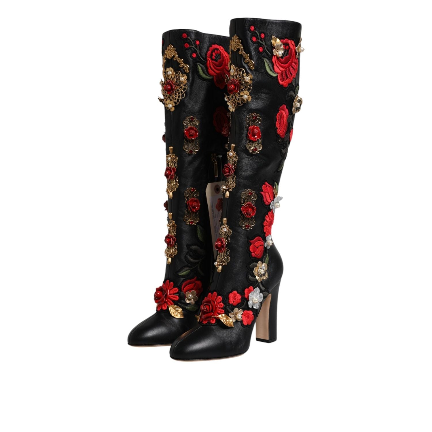 Dolce & Gabbana Black Roses Embellished Leather Heel Boots Shoes