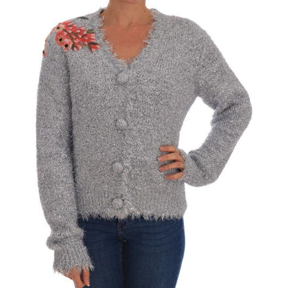 Dolce & Gabbana Silver Cardigan Floral Applique Sweater