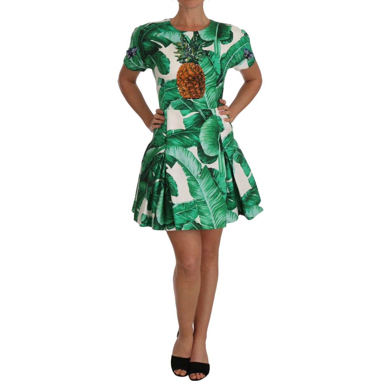 Dolce & Gabbana Elegant Green Banana Leaf Print A-Line Dress Dolce & Gabbana