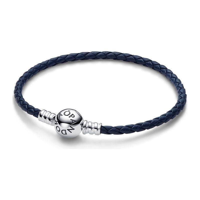 PANDORA MOMENTS COLLECTION Mod. ROUND CLASP BLUE BRAIDED LEATHER BRACELET DESIGNER FASHION JEWELLERY PANDORA