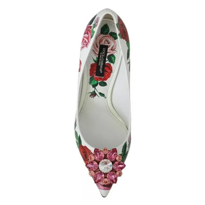 Dolce & Gabbana White Leather Roses Crystal Pumps Shoes