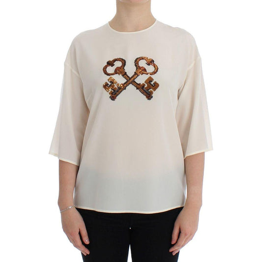 Dolce & Gabbana White Sequined Key Silk Blouse T-shirt Top Dolce & Gabbana