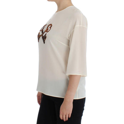 Dolce & Gabbana White Sequined Key Silk Blouse T-shirt Top