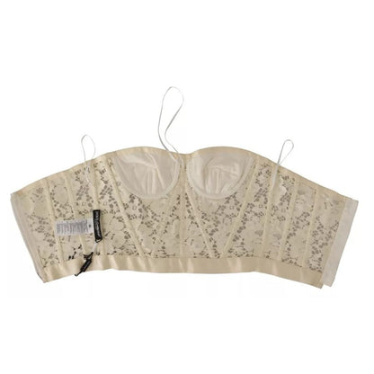 Dolce & Gabbana White Strapless Floral Lace Cropped Bustier Top