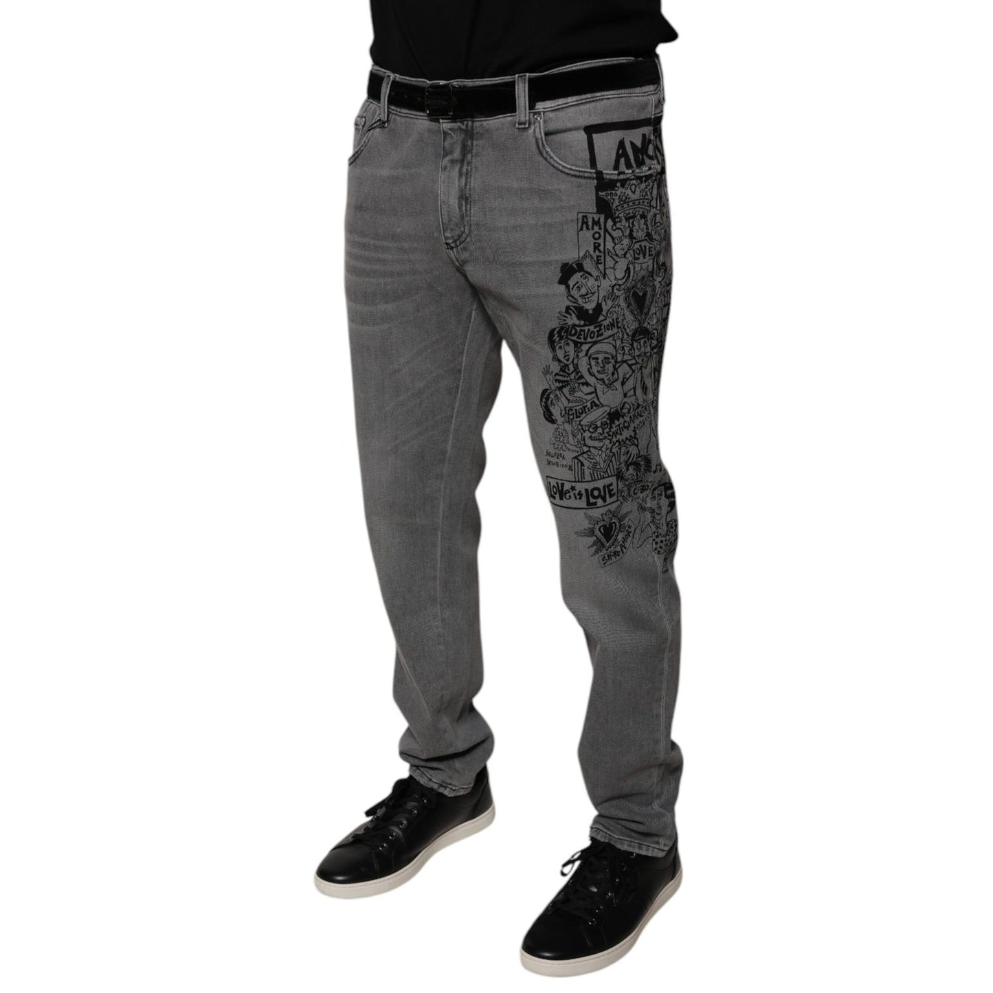 Dolce & Gabbana Gray Graphic Print Cotton Skinny Denim Jeans