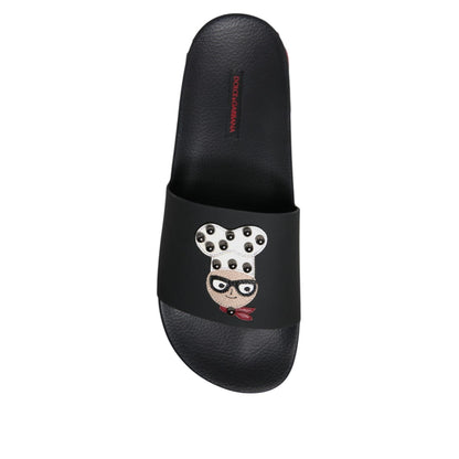 Dolce & Gabbana Black Leather Slides Sandals Beachwear Shoes