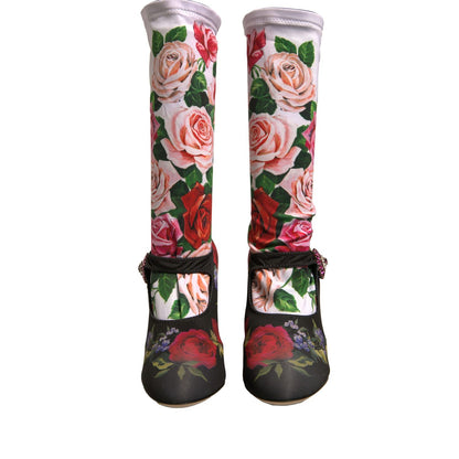Dolce & Gabbana Black Floral Socks Crystal Boots Jersey Shoes