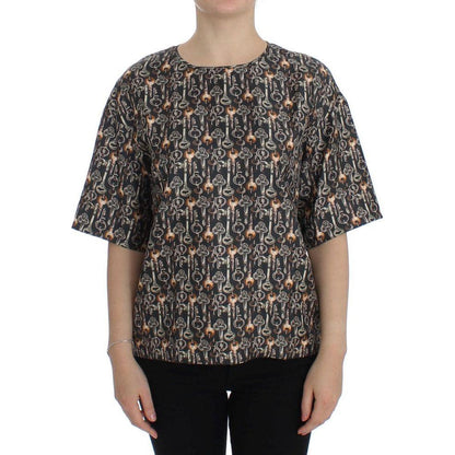 Dolce & Gabbana Gray Gold Key Print Silk Blouse T-shirt