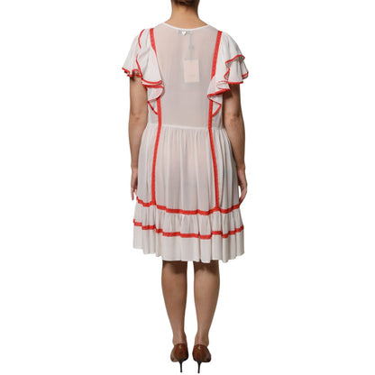 Twinset White Viscose Ruffle Sleeves A-line Pleated Mini Dress Twinset