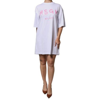 MSGM White Logo Print Cotton T-shirt Short Sleeves Mini Dress MSGM