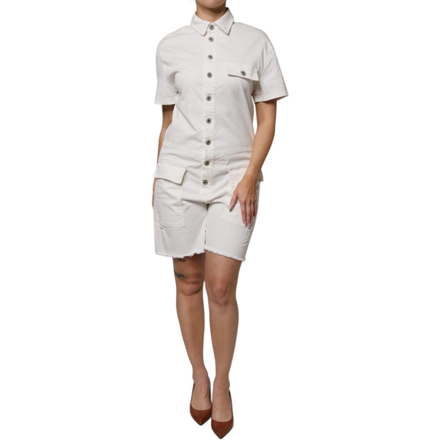 Please White Cotton Short Sleeves Button Down Romper Dress Please