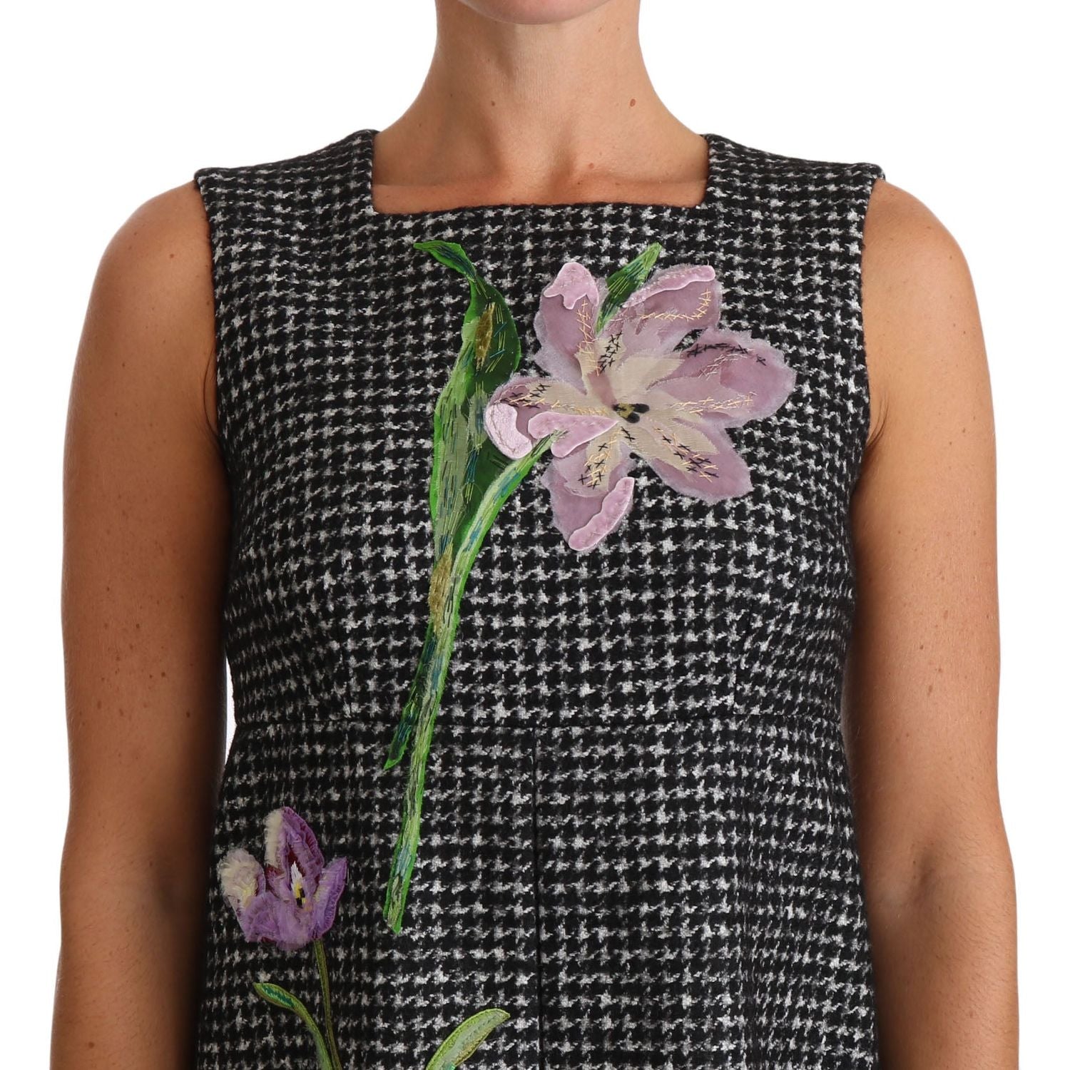 Dolce & Gabbana Gray Houndstooth Floral Appliqué Shift Mini Dress