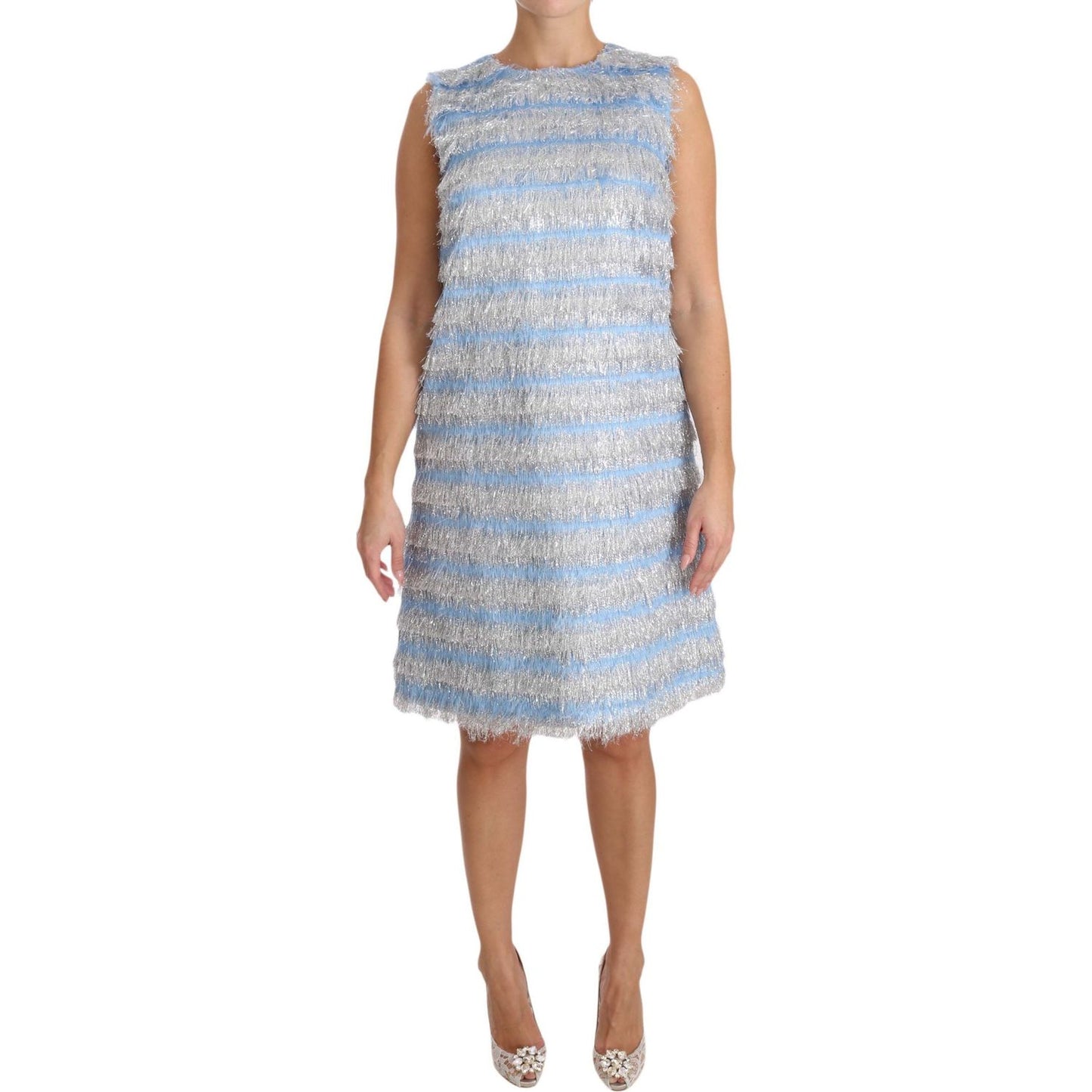 Dolce & Gabbana Elegant Light Blue Fringe Shift Dress Dolce & Gabbana