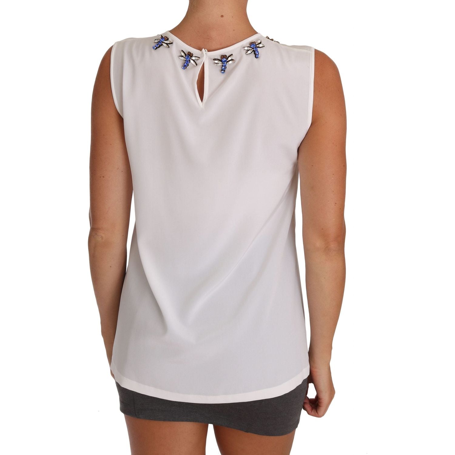 Dolce & Gabbana White Silk Crystal Embellished Fly T-shirt