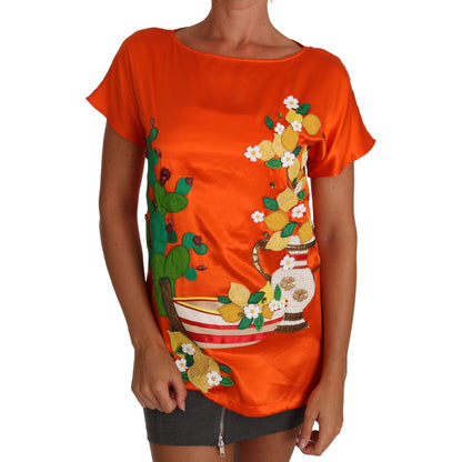 Dolce & Gabbana Silk Orange Lemon Crystal T-shirt Top