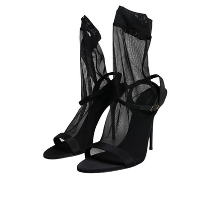 Dolce & Gabbana Black Tulle Stretch Heels Sandals Shoes