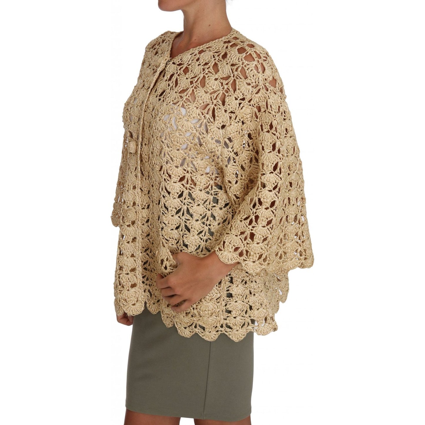 Dolce & Gabbana Chic Beige Crochet Raffia Cardigan Dolce & Gabbana