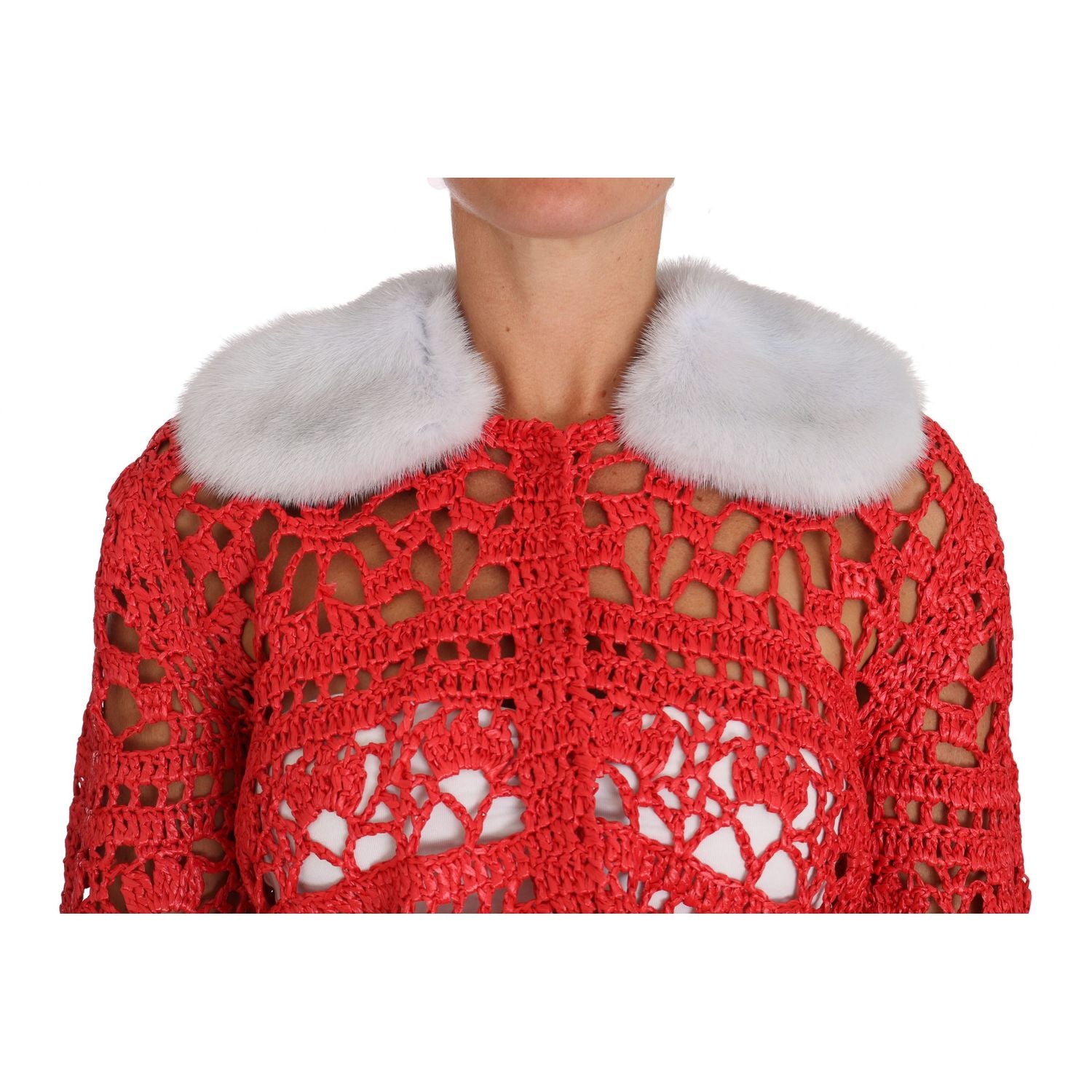 Dolce & Gabbana Red Cardigan Crochet Knit Raffia Sweater