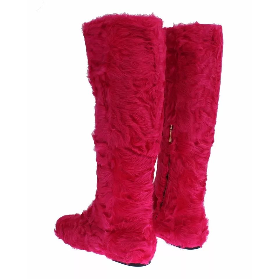 Dolce & Gabbana Pink Lamb Fur Leather Flat Boots Shoes