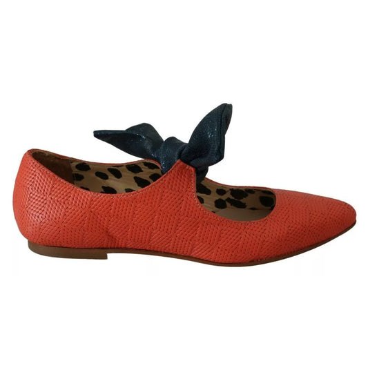 EBARRITO Orange Leather Bow Slip-on Loafers Ballet Flat Shoes EBARRITO