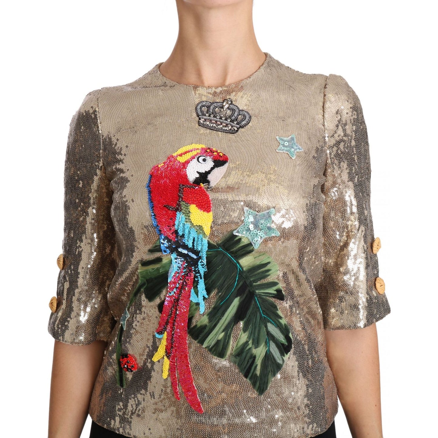 Dolce & Gabbana Gold Parrot Motif Crewneck Blouse with Crystals Dolce & Gabbana