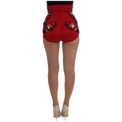 Dolce & Gabbana Red Silk Crystal Roses Shorts