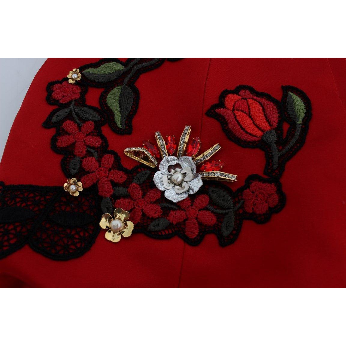 Dolce & Gabbana Red Silk Crystal Roses Shorts