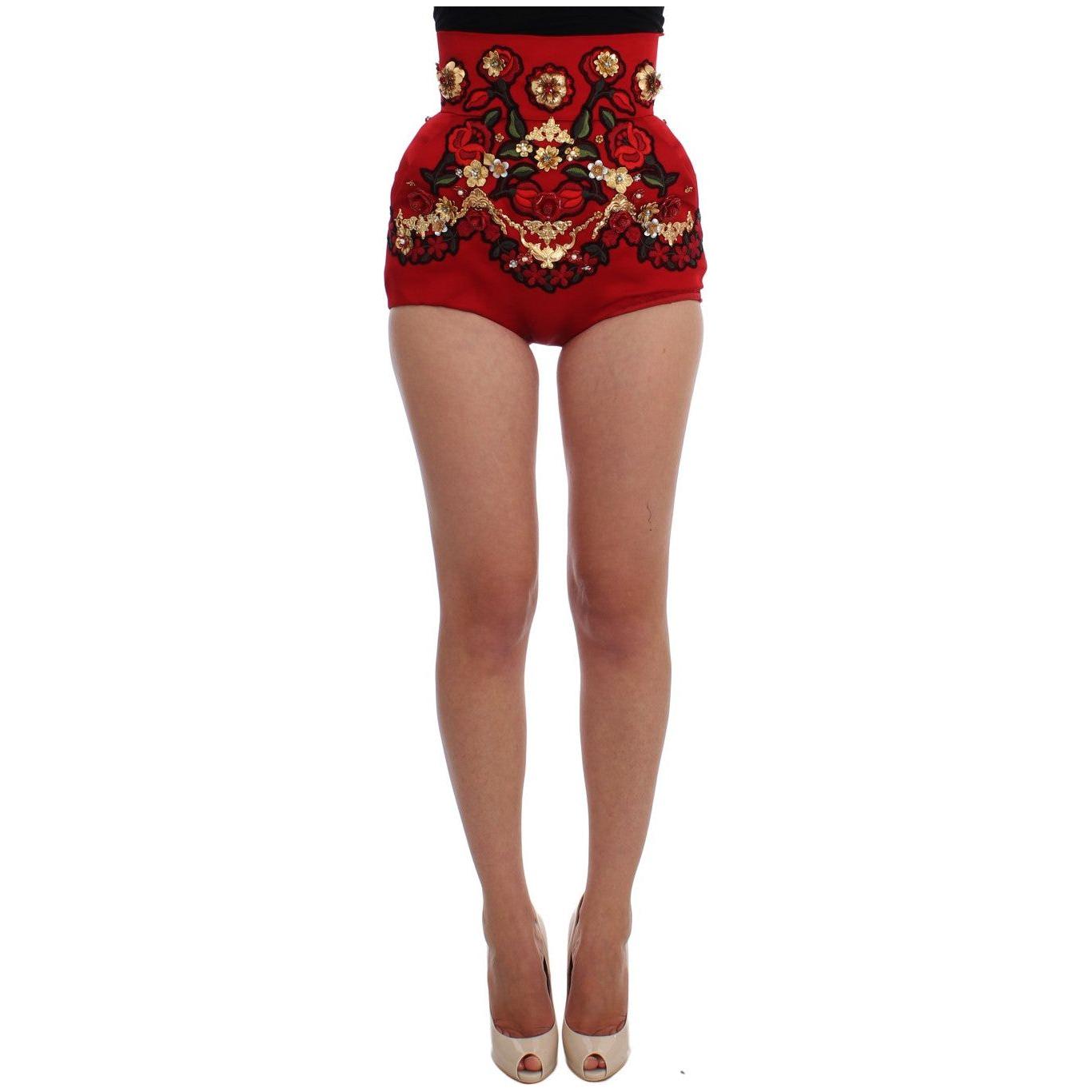 Dolce & Gabbana Red Silk Crystal Roses Shorts