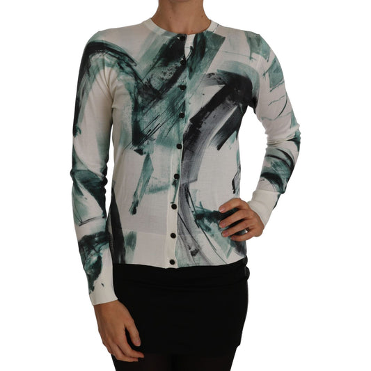 Dolce & Gabbana White Silk Cardigan Lightweight Paint Stroke Sweater
